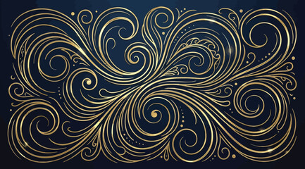 Intricate golden swirl frame ornament on dark blue background, luxury floral filigree pattern with glowing lines © Saharia
