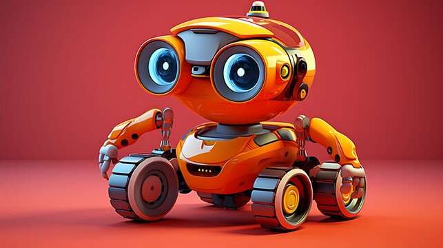 Orange robot with large eyes and wheels, futuristic design, sci-fi, advanced technology, isolated on red background.