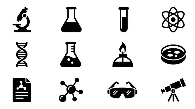 Black science icons set including microscope, beaker, dna, atom, and telescope isolated on transparent background
