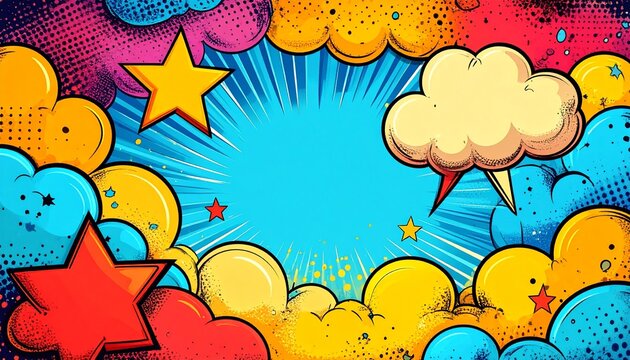 Vibrant comic book background with pop art elements and playful speech bubbles