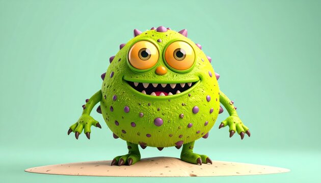 Cheerful green cartoon monster with big eyes and sharp teeth smiling happily.
