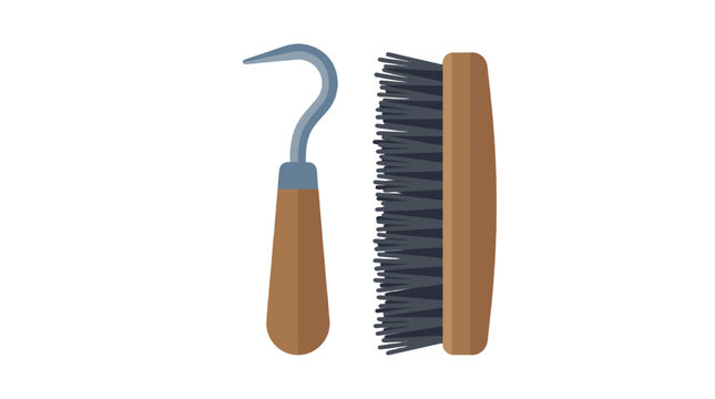 Flat icon set of hoof pick and brush grooming tools