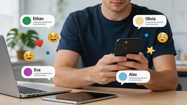 Young man chatting on smartphone with social media notifications, emojis, hearts, and messages from friends Ethan, Olivia, Eva, Alex for communication, networking, and lifestyle
