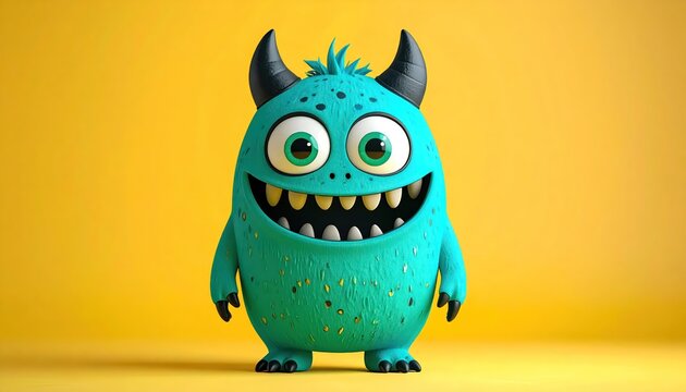 Cheerful Turquoise Monster with Horns and Big Smile on Yellow Background.