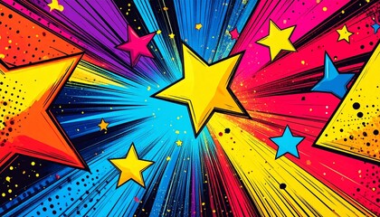 Fototapeta premium Vibrant comic book style starburst with colorful stars.