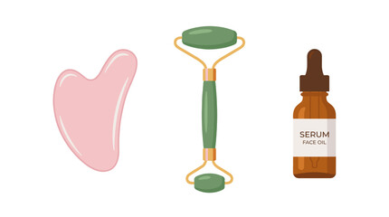 Gua sha stone jade roller and face serum vector set © Mark