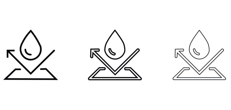 Waterproof material icon set, water resistant surface protection symbols, hydrophobic coating line art vector for product packaging and textile labels