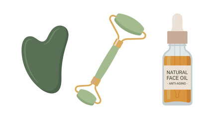 Gua sha stone, jade roller and face oil bottle vector set © Mark