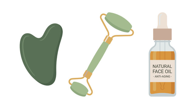 Gua sha stone, jade roller and face oil bottle vector set
