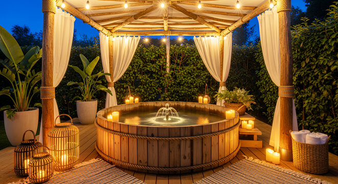 Wooden hot tub with fountain and candles under a canopy at night wooden tub outdoor spa
