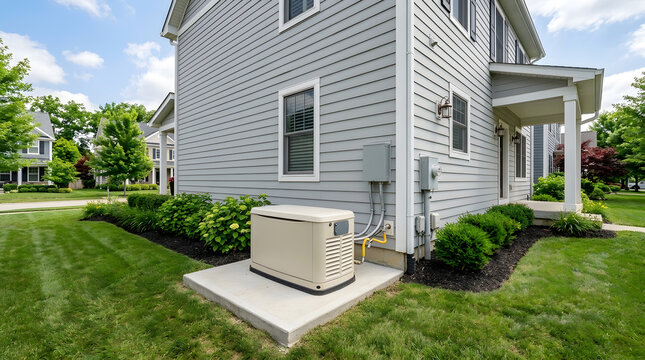 Residential Standby Generator Installed Outside Modern Home | Whole House Backup Power Solution for Emergency Outages | Professional Home Improvement and Electrical Infrastructure | Reliable Energy