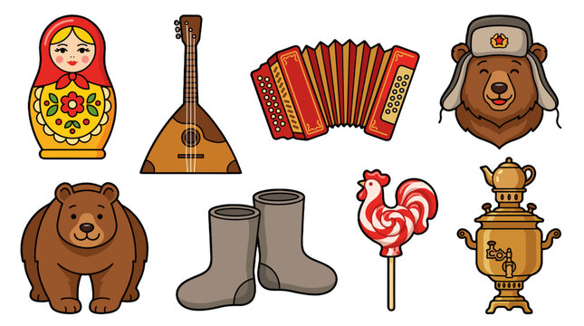 Collection of Russian cultural symbols isolated on white