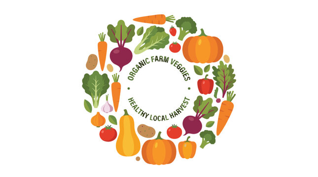 Organic farm vegetables arranged in a circular vector frame