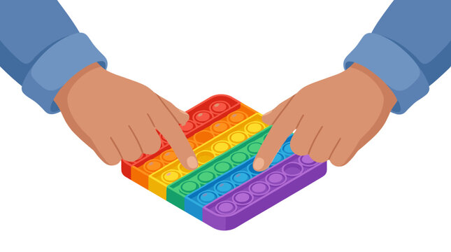 Hands pressing colorful pop it fidget toy on white background