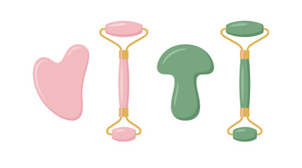 Set of gua sha scrapers and facial massage rollers illustration © Mark