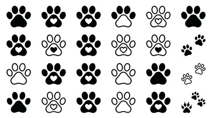 Set of paw print icons with heart details in black and outline © Mark