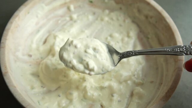 Close-up of whisking a creamy and zesty Mexican-inspired hot salad dressing with spices in a ceramic bowl
