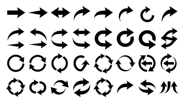 Set of black arrow icons in various directions and circular forms