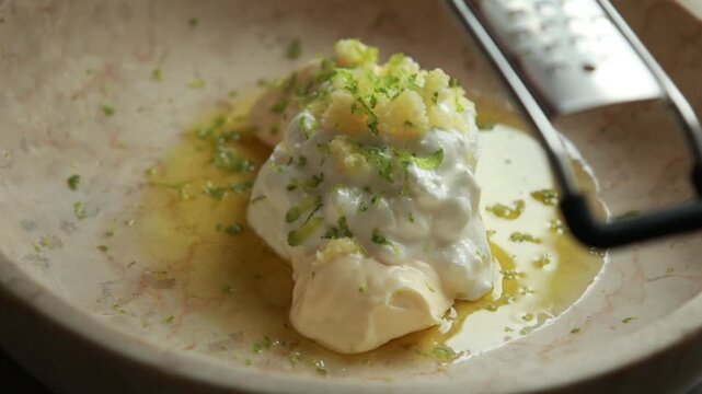 Close-up of whisking a creamy and zesty Mexican-inspired hot salad dressing with spices in a ceramic bowl