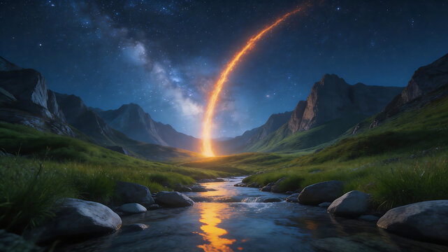 Mountain stream under starry sky with glowing arc emphasizing natural beauty and pristine environments
