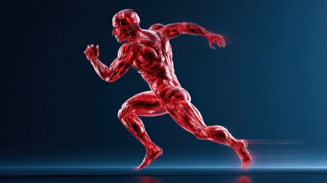 3d illustration of running fast man with red muscles without skin on a dark blue background with light,