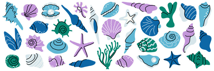 Vector seashell set in pastel purple, blue, and green tones. Flat design elements of marine shells, coral, and starfish on white background © Panna_Limon