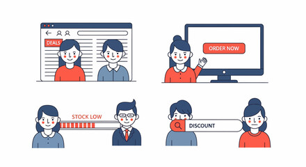 Fototapeta premium Shop Web UI Icon Set People Deal Buy Sale Now Low Stock Ad Bar Site