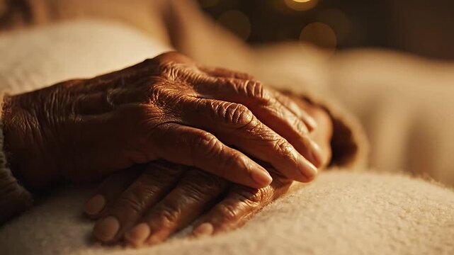 Elderly person wrinkled hands resting on soft surface in warm indoor light with bokeh effect