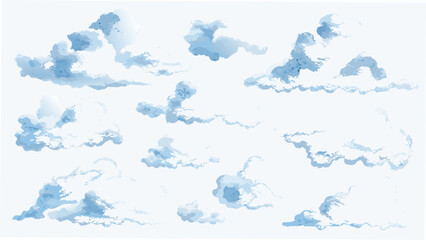 Fototapeta premium Fluffy clouds collection a watercolor style illustration on a white background atmospheric azure celestial cloudscape cumulus daytime dreamy