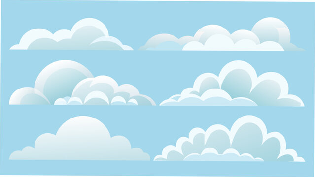 A collection of white cumulus clouds depicted in a flat vector illustration against a light blue backdrop atmospheric