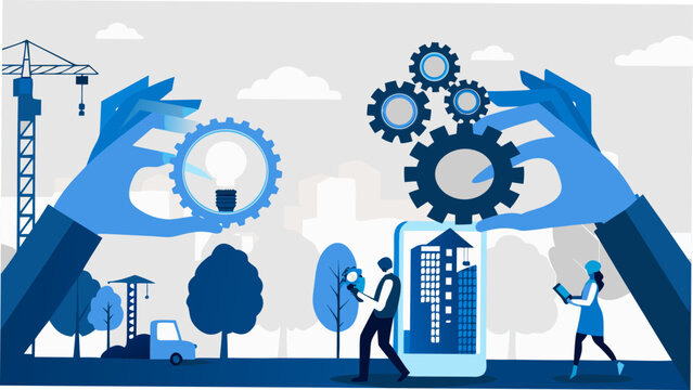 Gears and lightbulb held by hands a blue vector illustration depicting urban development and innovation cogwheels toothed wheels