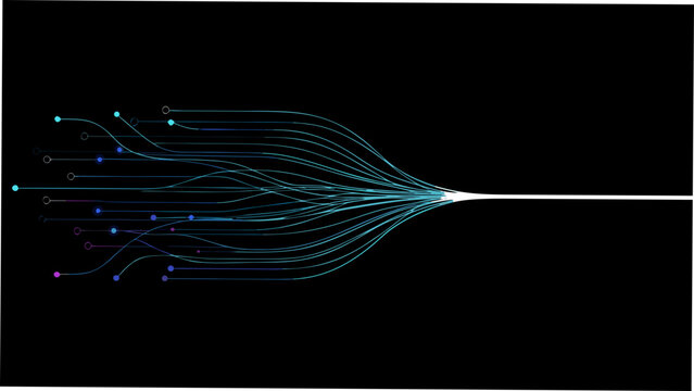 Abstract network of converging lines and colored nodes on a black background vector illustration connection convergence data digital