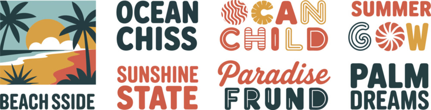 Summer collection bundle vintage retro beach lettering quotes sun palm trees nature tropical graphic design vector set illustration for t shirt print stickers sublimation.