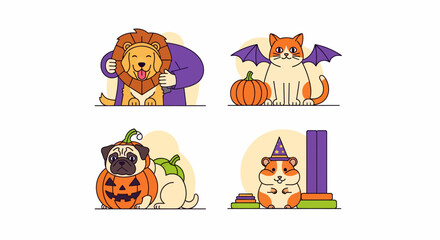 Obraz premium Pet halloween set dog lion cat bat pug pumpkin wizard hamster art fun joy day
