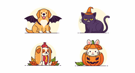 Fototapeta premium Dog cat pet bat hat hot dog bun pumpkin spooky fun art set kit icon