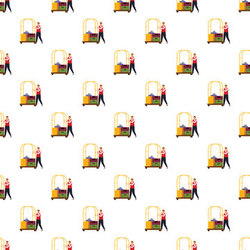 Bellhop pushing a luggage cart with suitcases on a white background