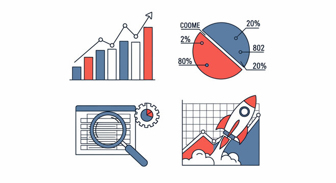 business sales data analytics charts and growth rocket icons for professional financial reporting and marketing strategy planning