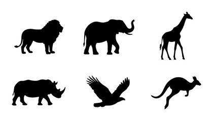 African Wildlife Silhouettes: Lion, Elephant, Giraffe, Rhino, Eagle, Kangaroo Vector Icons Set © Shariful