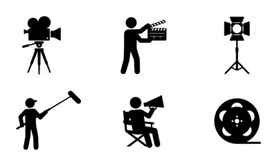 Film Production Icons Set: Cinema Camera, Director, Sound Boom, Spotlight, Film Reel © Kamrul