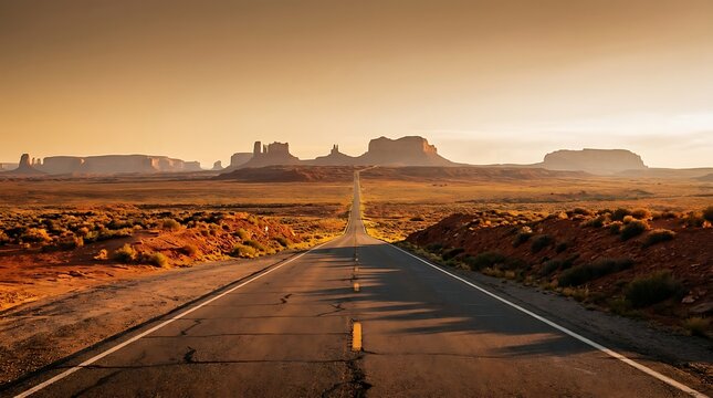 A long, empty highway stretches towards distant mesas under a hazy, golden sky.