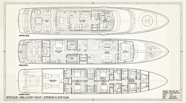 Technical floor plan drawings of a luxury yacht showing multiple deck levels