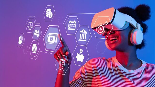 Young woman engages with virtual reality technology, exploring digital finance concepts through immersive visual graphics and futuristic interfaces for innovative learning Gluon.