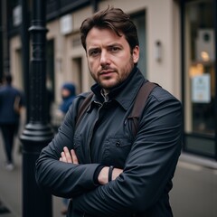 Fototapeta premium Confident Businessman Standing Outdoors with Arms Crossed