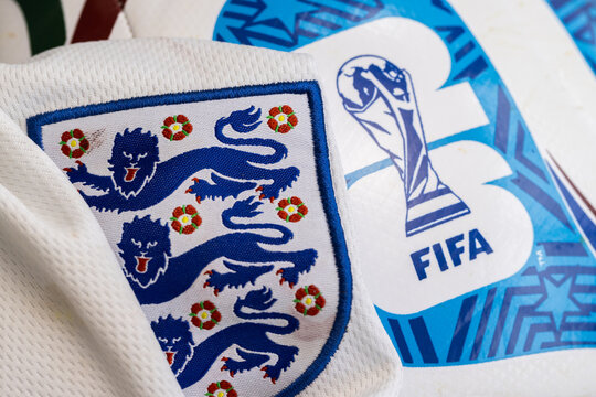 LONDON, UK - JUNE 2026: England 3 lions football team logo alongside the 2026 world cup logo