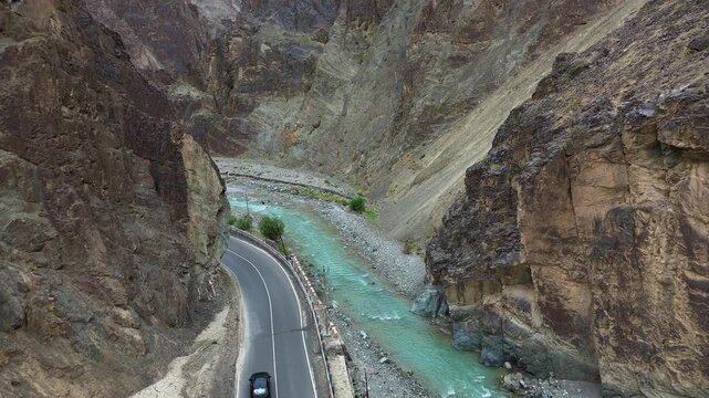 Himalayan Indus River Side Roads & Moving Black Car | Stunning Ladakh Landscape in 4K Cinematic Drone Aerial Views
