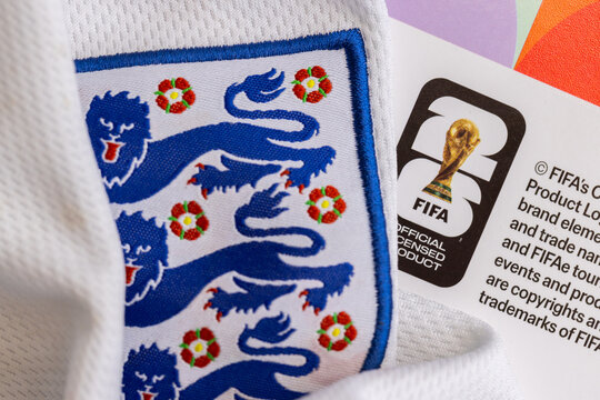 LONDON, UK - JUNE 2026: England 3 lions football team logo alongside the 2026 world cup logo