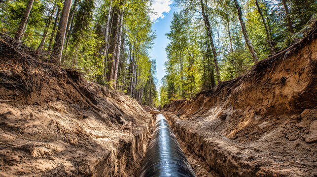 Workers are digging a trench in the ground for a pipeline. Trees surround the site, and the sun shines brightly. The scene shows construction in a natural setting