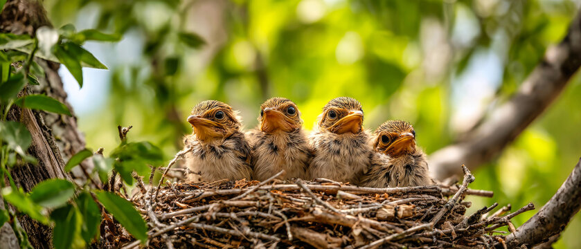 Four chicks are in their nest, waiting for their parents to bring food. The nest is high in a tree surrounded by green leaves on a sunny day