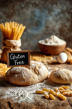 A black gluten free sign sits on a rough wooden surface beside white bread and scattered penne pasta. Flour and other ingredients create a vintage kitchen scene
