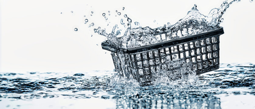 A grocery basket is thrown into water, causing splashes and droplets to rise in the air. The setting shows bright water and motion that captures the moment